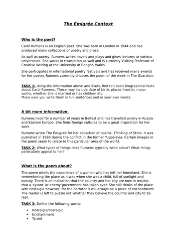 AQA English Literature GCSE The Emigree Low Ability Lesson | Teaching ...