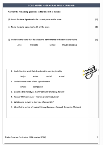 GCSE MUSIC - GENERAL MUSICIANSHIP (melodic dictation) | Teaching Resources