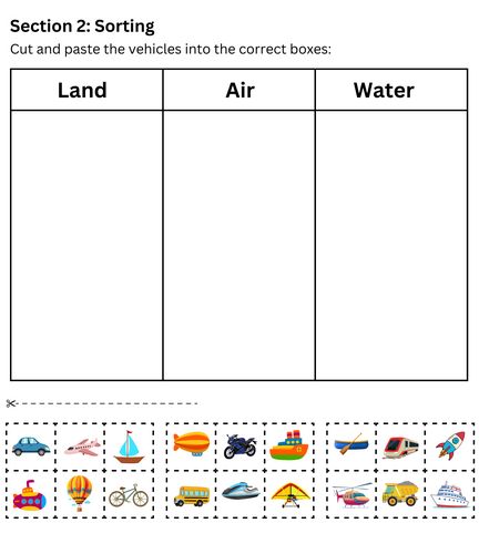 preschool sorting matching transportation worksheet for kindergarten