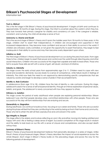 Eriksons Psychosocial Stages Of Development Teaching Resources