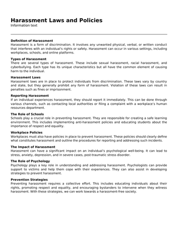 Harassment Laws and Policies | Teaching Resources