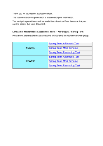 Lancashire Mathematics Assessment Tests - Key Stage 1 - Spring Term