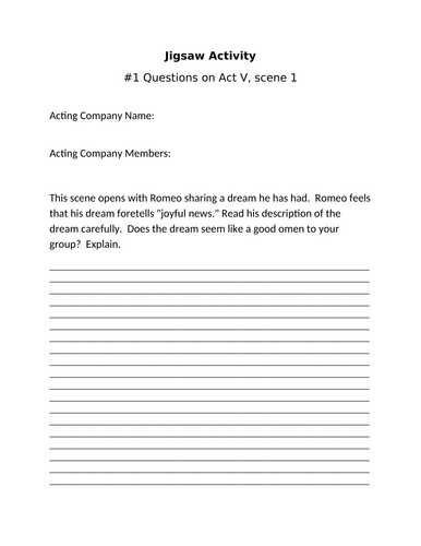 Romeo and Juliet Act V Scene 1 Jigsaw Activity | Teaching Resources