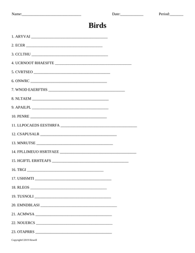 Birds Word Scramble for Small Animal Science Students | Teaching Resources