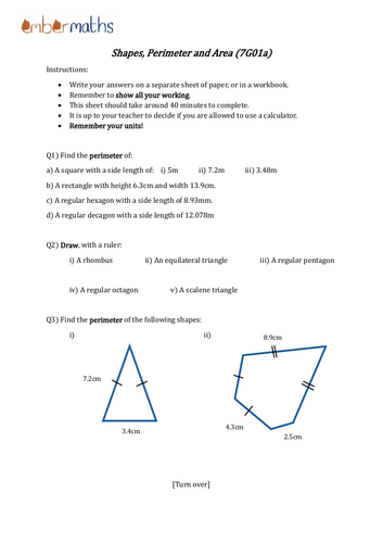 Year 7 Maths Worksheet - Shapes, Perimeter and Area (Answers Included ...