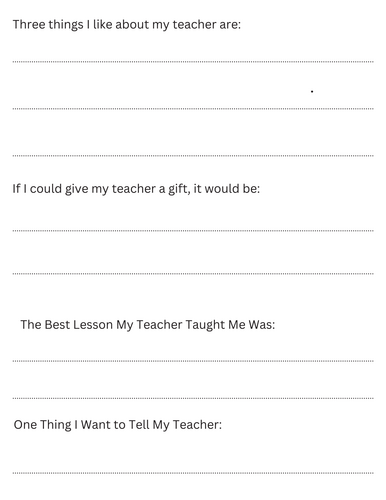 What i like about my teacher worksheet - i love my teacher because ...