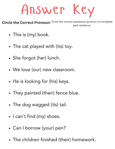 My your his her its our their sheets with answers - Possessive pronoun ...