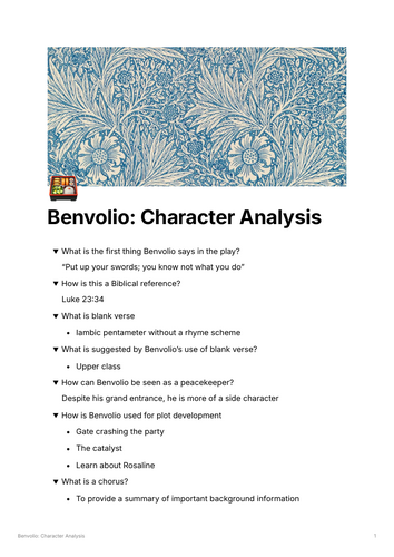 OCR English Literature Benvolio Character Analysis (Romeo and Juliet ...
