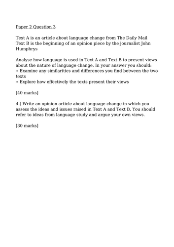 English Language A Level Paper 2 + Answers 3 | Teaching Resources