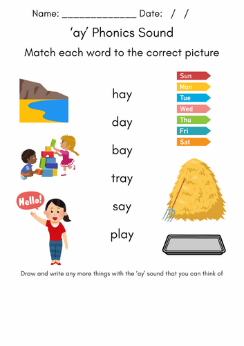 'ay' phonics sound worksheet resource (Set 2 RWI aligned) | Teaching ...