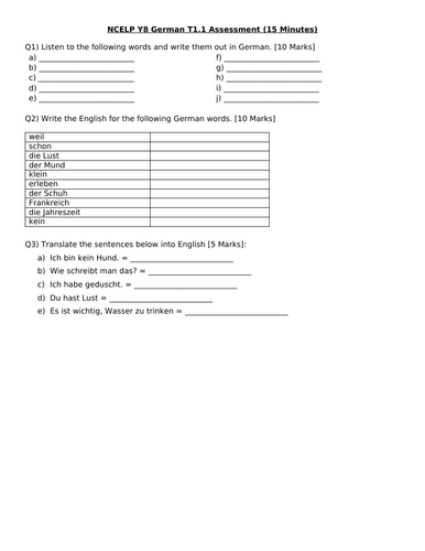 Year 8 German NCELP Assessments