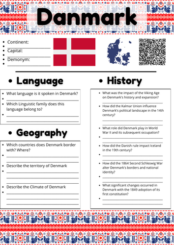 Country Study Worksheets on Denmark - Europe - Scandinavia | Teaching ...