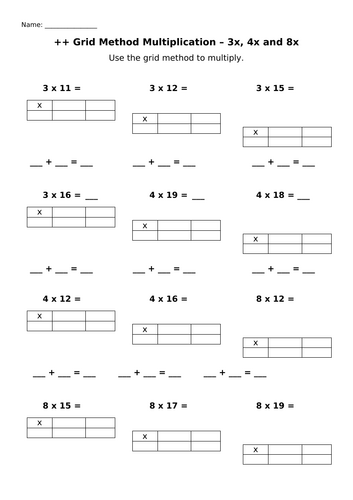 Grid Multiplication Worksheets (3, 4 and 8 times table) | Teaching ...