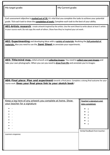 GCSE marking sheet Art and Design | Teaching Resources