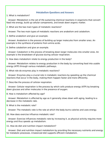 Metabolism KS4 worksheet questions and answers | Teaching Resources