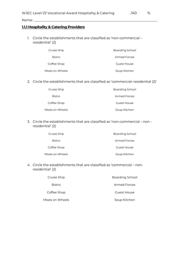 Hospitality & Catering - Unit 1 - 1.1.1 - ASSESSMENT - NEW SPEC