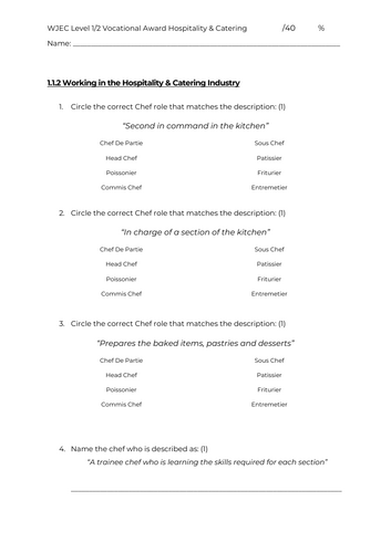 Hospitality & Catering - Unit 1 - 1.1.2/3- ASSESSMENT - NEW SPEC