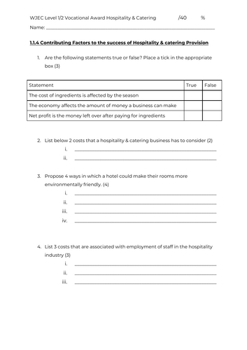 Hospitality & Catering - Unit 1 - 1.1.4 - ASSESSMENT - NEW SPEC