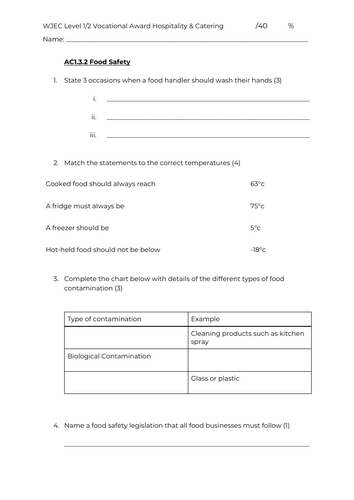 Hospitality & Catering - Unit 1 - 1.3.2 - ASSESSMENT - NEW SPEC