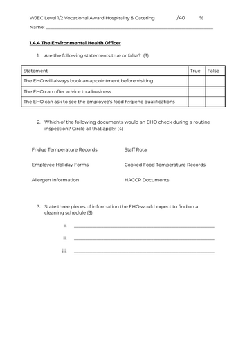 Hospitality & Catering - Unit 1 - 1.4.4 - ASSESSMENT - NEW SPEC