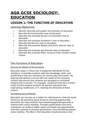 AQA GCSE Sociology Education Lesson 1: The Function of Education