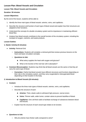 **iGCSE Biology Edexcel - BLOOD VESSELS** | Teaching Resources