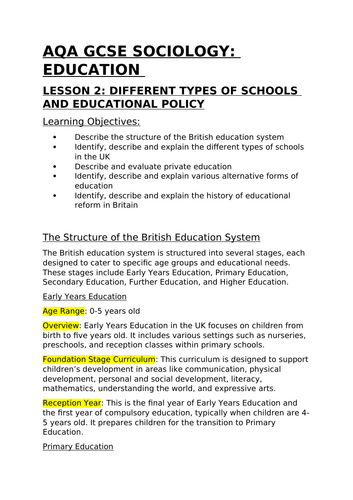 AQA GCSE Sociology Education Lesson 2: Different Types of Schools and Educational Policy