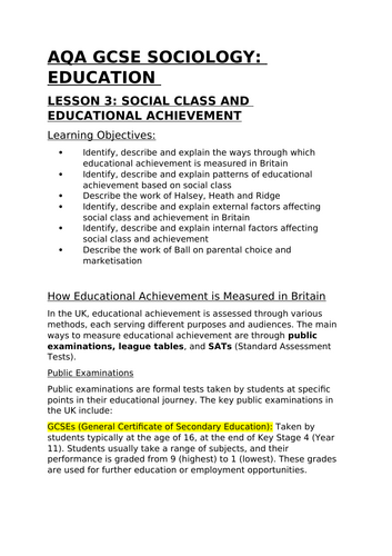 AQA GCSE Sociology Education Lesson 3: Social Class and Educational Achievement