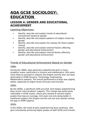 AQA GCSE Sociology Education Lesson 4: Gender and Educational Achievement