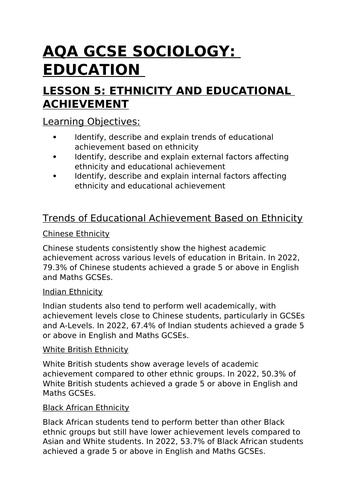 AQA GCSE Sociology Education Lesson 5: Ethnicity and Educational Achievement