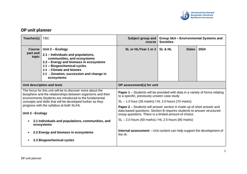 Environmental Systems and Societies (ESS) Unit Plan – Unit 2 Ecology. First Exam 2026