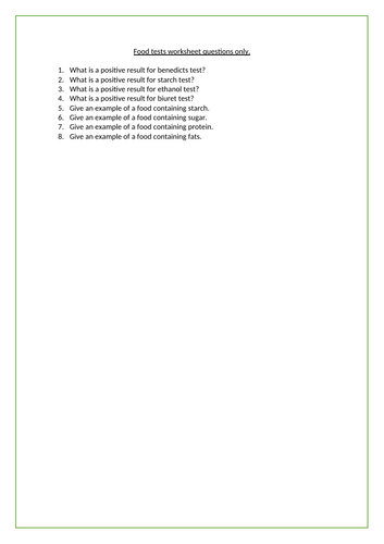 Food tests RP KS4 worksheet questions only | Teaching Resources