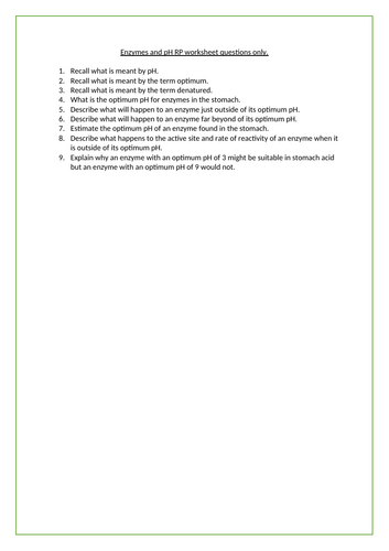 Enzymes RP KS4 worksheet questions only | Teaching Resources
