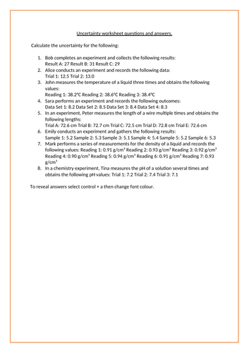 Uncertainty KS4 worksheet questions and answers | Teaching Resources