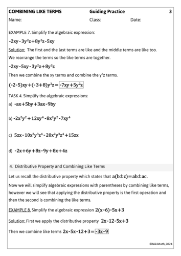 Combining Like Terms - Guiding Practice/Lesson | Teaching Resources