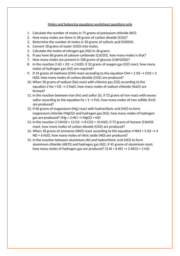 Moles and balancing equations KS4 worksheet questions only | Teaching ...