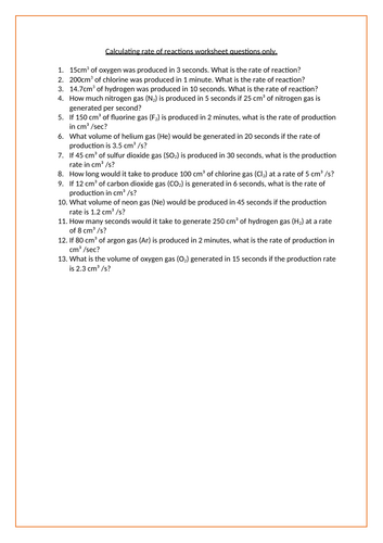 Calculating rates of reaction KS4 worksheet questions only | Teaching ...