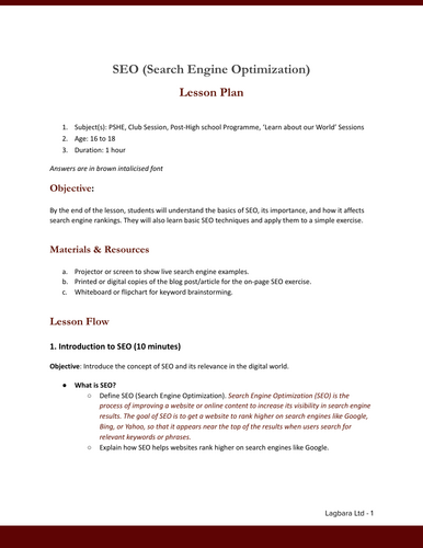 SEO (Search Engine Optimization) Lesson Plan