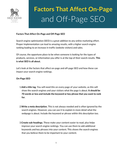 Factors that affect On Page and Off Page SEO  (Part of the SEO Lesson)