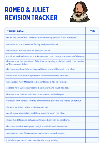 GCSE Romeo and Juliet Revision Tracker | Teaching Resources