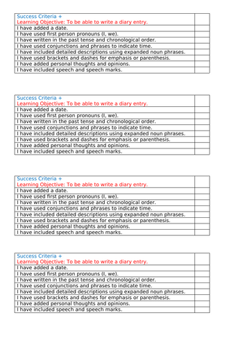 Diary Entry Differentiated Success Criteria - Year 5 | Teaching Resources