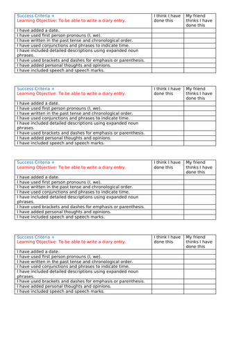 Diary Entry Differentiated Success Criteria - Year 5 | Teaching Resources