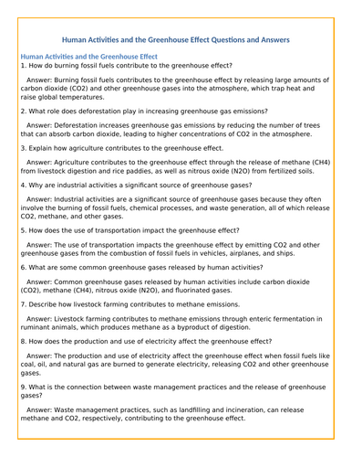 Human activities and the greenhouse effect KS4 worksheet questions and ...