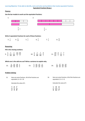 Equivalent Fractions Recap Worksheet Teaching Resources