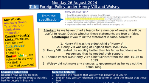 AQA A Level History Tudors Henry VIII - Thomas Wolsey 1509-29. 4 ...