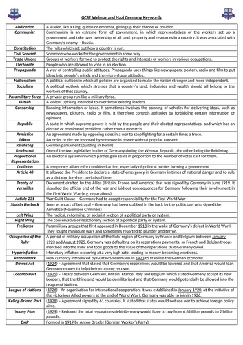 GCSE Edexcel Weimar and Nazi Germany Keywords | Teaching Resources