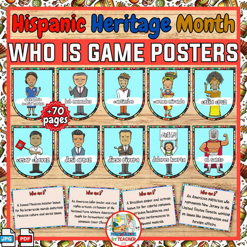 Hispanic Heritage Month Bulletin board spanish figures Who am I posters game