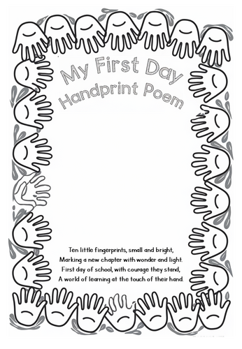 NEW My First Day Handprint / Fingerprint Poem Finger Painting Activity ...