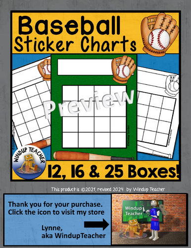 Baseball Sticker Reward Charts - Choices! 12 16 25 Boxes, Color, Black ...