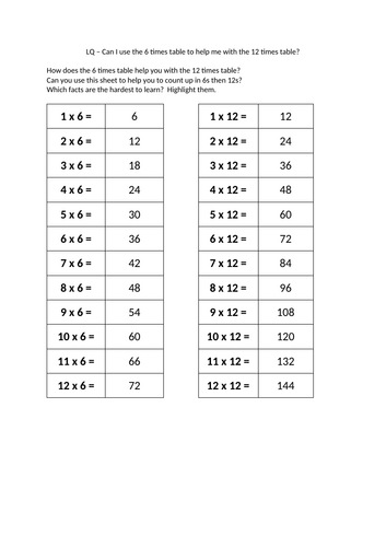 Set of activities to link the 6 and 12 times table knowledge | Teaching ...